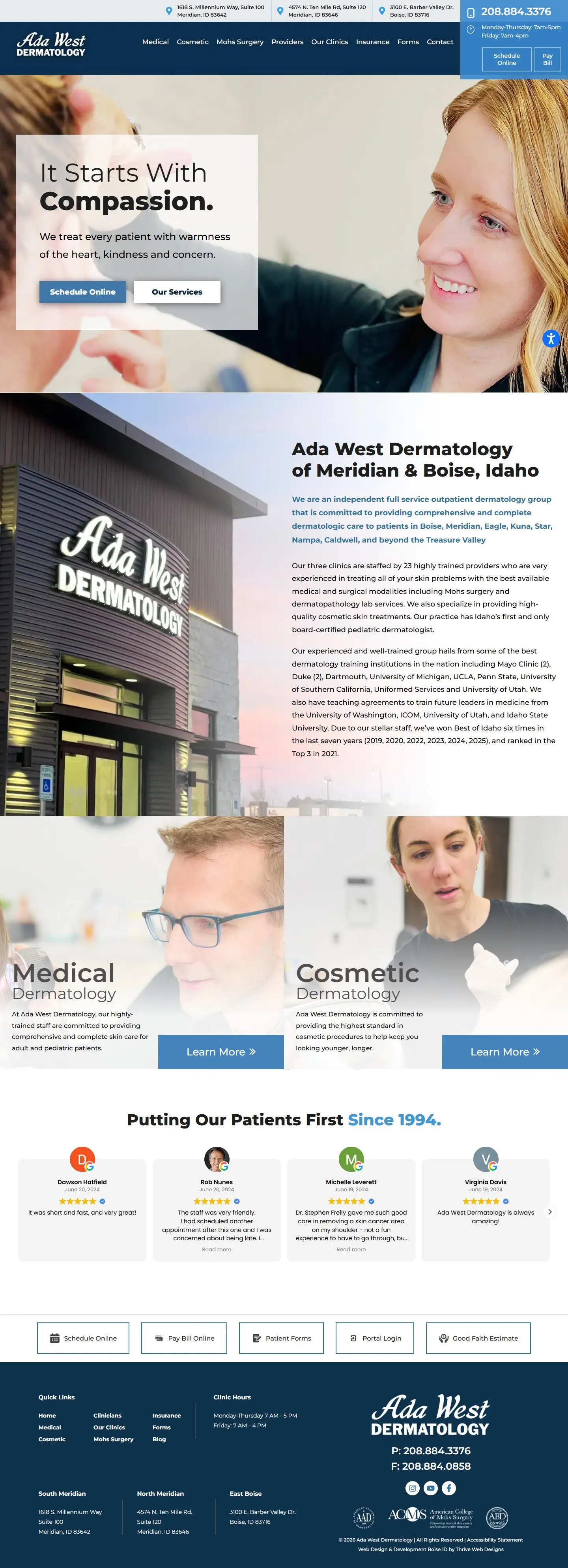 Ada West Dermatology website, full homepage