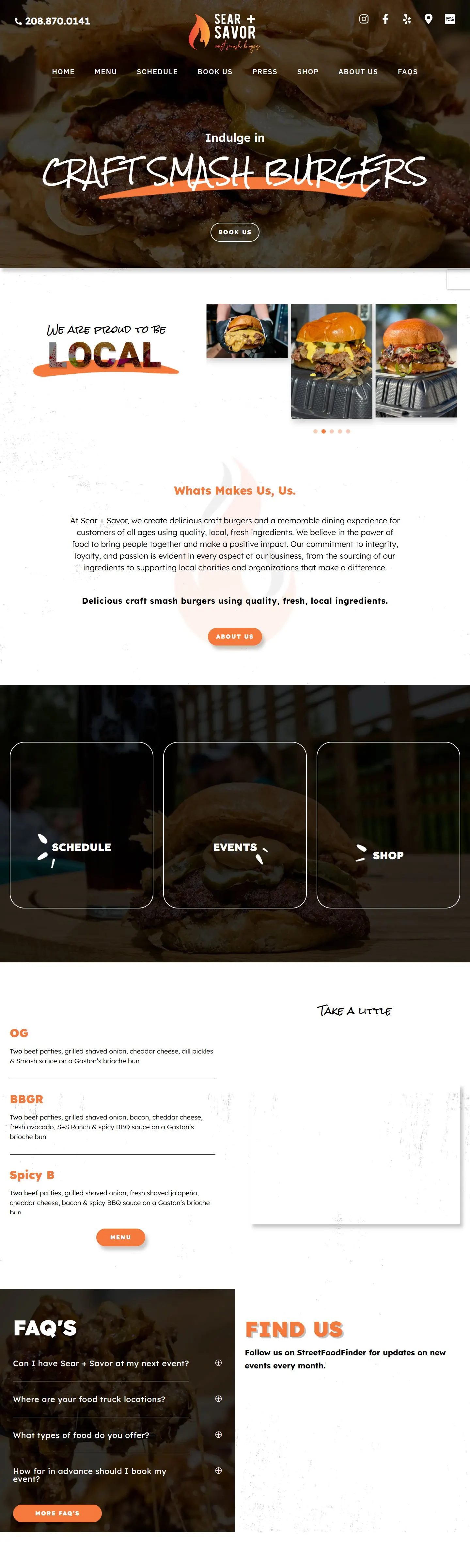 Sear + Savor website, full homepage